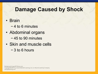 Damage Caused by Shock
• Brain
− 4 to 6 minutes
• Abdominal organs
− 45 to 90 minutes
• Skin and muscle cells
− 3 to 6 hours
 