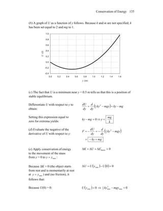 Conservation of Energy 135
(b) A graph of U as a function of y follows. Because k and m are not specified, k
has been set equal to 2 and mg to 1.
-0.4
-0.2
0.0
0.2
0.4
0.6
0.8
1.0
0.0 0.2 0.4 0.6 0.8 1.0 1.2 1.4 1.6
y (m)
U(J)
(c) The fact that U is a minimum near y = 0.5 m tells us that this is a position of
stable equilibrium.
Differentiate U with respect to y to
obtain:
( ) mgkymgyky
dy
d
dy
dU
−=−= 2
2
1
Setting this expression equal to
zero for extrema yields:
0=− mgky ⇒
k
mg
y =
(d) Evaluate the negative of the
derivative of U with respect to y:
( )
mgky
mgyky
dy
d
dy
dU
F
+−=
−−=−= 2
2
1
(e) Apply conservation of energy
to the movement of the mass
from y = 0 to :maxyy =
0therm =Δ+Δ+Δ EUK
Because ΔK = 0 (the object starts
from rest and is momentarily at rest
at ) and (no friction), it
follows that:
maxyy =
( ) ( ) 00Δ max =−= UyUU
Because U(0) = 0: ( ) 0max =yU ⇒ 0max
2
max2
1
=− mgyky
 