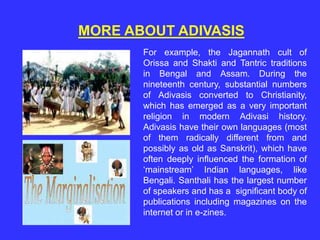 MORE ABOUT ADIVASIS
For example, the Jagannath cult of
Orissa and Shakti and Tantric traditions
in Bengal and Assam. During the
nineteenth century, substantial numbers
of Adivasis converted to Christianity,
which has emerged as a very important
religion in modern Adivasi history.
Adivasis have their own languages (most
of them radically different from and
possibly as old as Sanskrit), which have
often deeply influenced the formation of
‘mainstream’ Indian languages, like
Bengali. Santhali has the largest number
of speakers and has a significant body of
publications including magazines on the
internet or in e-zines.
 