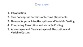 Overview
1. Introduction
2. Two Conceptual Formats of Income Statements
3. General Approach to Absorption and Variable Costing
4. Comparing Absorption and Variable Costing
5. Advantages and Disadvantages of Absorption and
Variable Costing
 