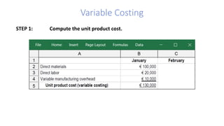 Variable Costing
STEP 1: Compute the unit product cost.
 