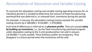 Reconciliation of Absorption and Variable Costing
To reconcile the absorption costing and variable costing operating incomes for an
individual period it is needed to determine the amount of fixed manufacturing
overhead that was deferred in, or released from, inventories during this period.
For example, in January, the absorption costing income exceeds the variable
costing income by € 180,000 [= €110,000 – (–€70,000)].
Such kind of differences is referred to as phantom profits. They are caused solely
by building up inventories, i.e., by the fixed manufacturing overhead assigned
under absorption costing to the 3 units produced but not sold in January
[=€ 60,000 × 3 units unsold]. These fictitious profits are temporary. They
disappear in a future period when the inventories will be sold.
 