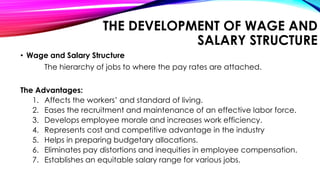 THE DEVELOPMENT OF WAGE AND
SALARY STRUCTURE
• Wage and Salary Structure
The hierarchy of jobs to where the pay rates are attached.
The Advantages:
1. Affects the workers’ and standard of living.
2. Eases the recruitment and maintenance of an effective labor force.
3. Develops employee morale and increases work efficiency.
4. Represents cost and competitive advantage in the industry
5. Helps in preparing budgetary allocations.
6. Eliminates pay distortions and inequities in employee compensation.
7. Establishes an equitable salary range for various jobs.
 