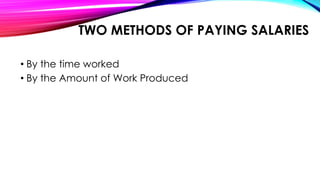 TWO METHODS OF PAYING SALARIES
• By the time worked
• By the Amount of Work Produced
 