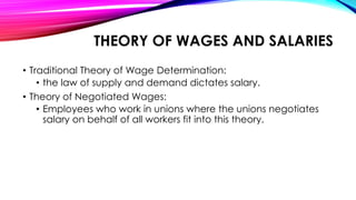 THEORY OF WAGES AND SALARIES
• Traditional Theory of Wage Determination:
• the law of supply and demand dictates salary.
• Theory of Negotiated Wages:
• Employees who work in unions where the unions negotiates
salary on behalf of all workers fit into this theory.
 