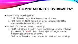 COMPUTATION FOR OVERTIME PAY
• For ordinary working day:
a. 25% of the hourly rate x the number of hours
b. 10% more on 125% (based on letter (a) above) if OT is
rendered between 10pm-6am
• For holiday, special day and rest day:
a. 100% additional if work is done on 10 legal regular holidays
(marked color red in the calendar) and 5 legal Muslim
holidays (as declared by OMA)
b. 30% more if work is done on special holidays and Sundays
 