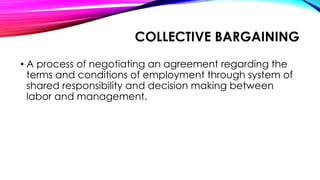 COLLECTIVE BARGAINING
• A process of negotiating an agreement regarding the
terms and conditions of employment through system of
shared responsibility and decision making between
labor and management.
 
