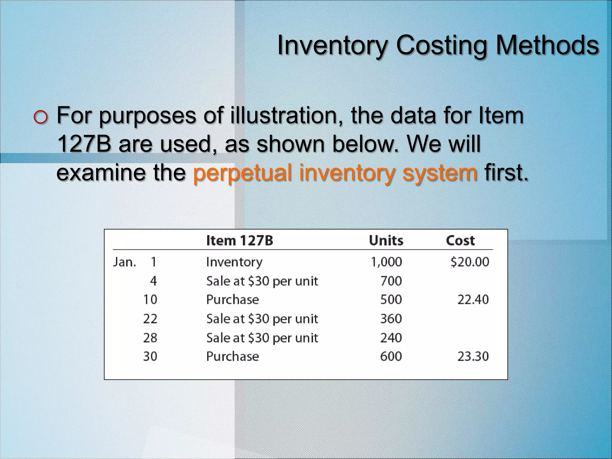 Inventory Costing Methods
o For purposes of illustration, the data for Item
127B are used, as shown below. We will
examine the perpetual inventory system first.
 