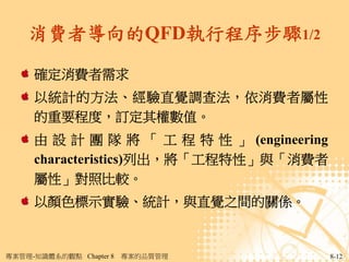 消費者導向的QFD執行程序步驟1/2

     確定消費者需求
     以統計的方法、經驗直覺調查法，依消費者屬性
     的重要程度，訂定其權數值。
     由 設 計 團 隊 將 「 工 程 特 性 」 (engineering
     characteristics)列出，將「工程特性」與「消費者
     屬性」對照比較。
     以顏色標示實驗、統計，與直覺之間的關係。


專案管理-知識體系的觀點 Chapter 8   專案的品質管理            8-12
 