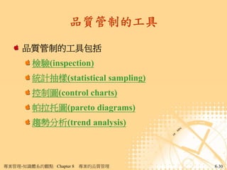 品質管制的工具

     品質管制的工具包括
        檢驗(inspection)
        統計抽樣(statistical sampling)
        控制圖(control charts)
        帕拉托圖(pareto diagrams)
        趨勢分析(trend analysis)



專案管理-知識體系的觀點 Chapter 8   專案的品質管理     8-30
 