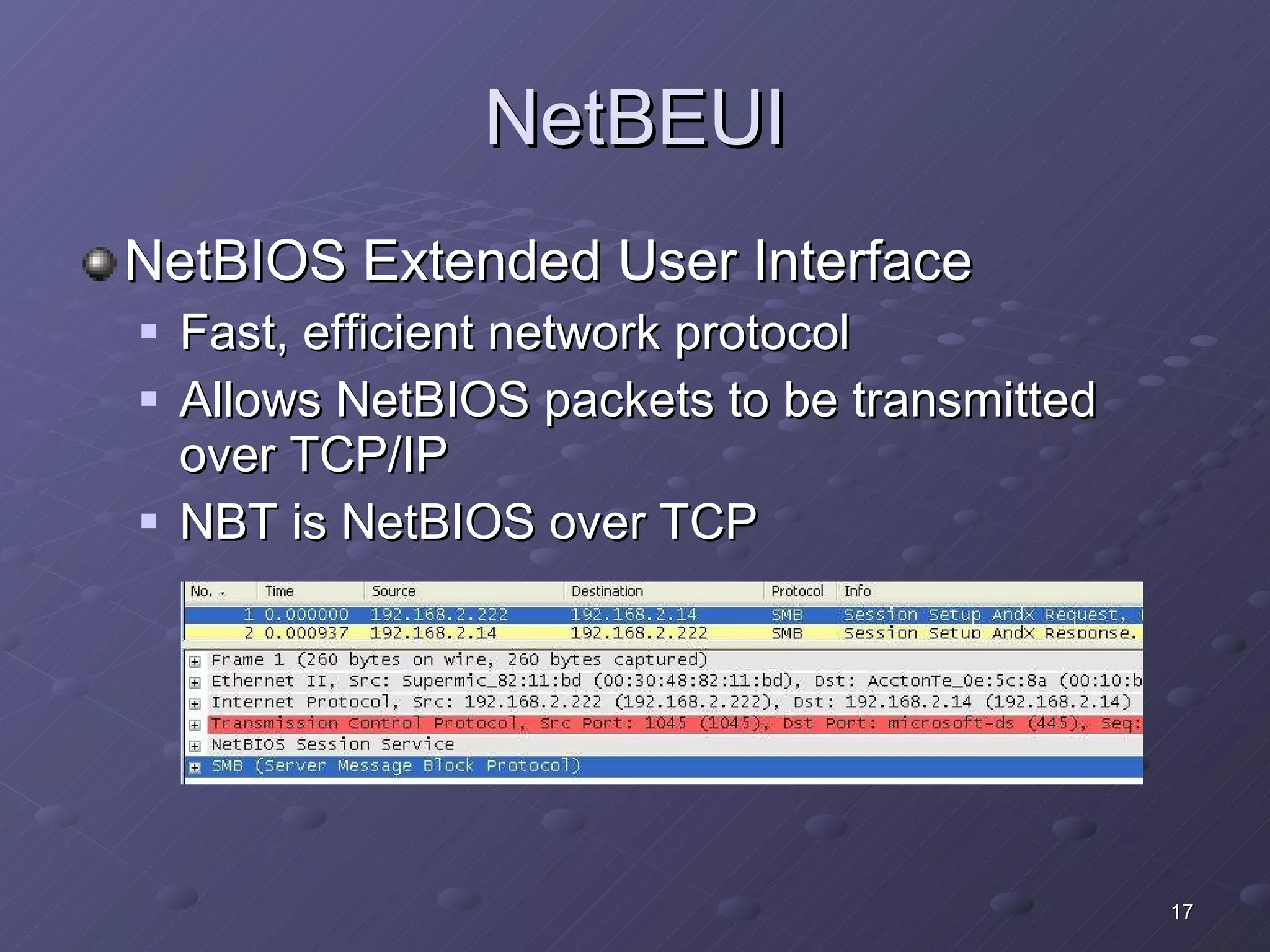 NetBEUI NetBIOS Extended User Interface Fast, efficient network protocol Allows NetBIOS packets to be transmitted over TCP/IP NBT is NetBIOS over TCP 