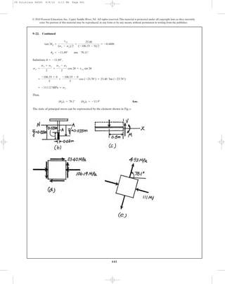 641
Substitute ,
Thus,
Ans.
The state of principal stress can be represented by the element shown in Fig. e.
(up)1 = 78.1° (up)2 = -11.9°
= -111.12 MPa = s2
=
-106.19 + 0
2
+
-106.19 - 0
2
cos (-23.78°) + 23.40 5m (-23.78°)
sx¿ =
sx + sy
2
+
sx - sy
2
cos 2u + txy sin 2u
u = -11.89°
up = -11.89° ans 78.11°
tan 2up =
txy
(sx - sy)>2
=
23.40
(-106.19 - 0)>2
= -0.4406
9–22. Continued
© 2010 Pearson Education, Inc., Upper Saddle River, NJ. All rights reserved.This material is protected under all copyright laws as they currently
exist. No portion of this material may be reproduced, in any form or by any means, without permission in writing from the publisher.
09 Solutions 46060 6/8/10 3:13 PM Page 641
 