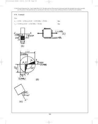 705
© 2010 Pearson Education, Inc., Upper Saddle River, NJ. All rights reserved.This material is protected under all copyright laws as they currently
exist. No portion of this material may be reproduced, in any form or by any means, without permission in writing from the publisher.
Then
Ans.
Ans.tx¿y¿ = 0.5984 sin 81.80° = 0.5922 MPa = 592 kPa
sx¿ = 0.5556 - 0.5984 cos 81.80° = 0.4702 MPa = 470 kPa
9–79. Continued
09 Solutions 46060 6/8/10 3:13 PM Page 705
 