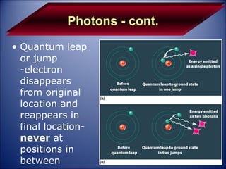 Photons - cont. Quantum leap or jump -electron disappears from original location and reappears in final location- never  at positions in between 
