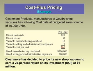 Cost-Plus Pricing  Example Cleanmore Products, manufactures of wet/dry shop vacuums has following Cost data at budgeted sales volume of 10,000 Units. Cleanmore has decided to price its new shop vacuum to earn a 20-percent return on its investment (ROI) of $1 million. 