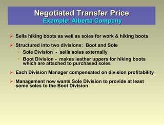 Negotiated Transfer Price   Example: Alberta Company Sells hiking boots as well as soles for work & hiking boots Structured into two divisions:  Boot and Sole Sole Division  -  sells soles externally Boot Division -  makes leather uppers for hiking boots which are attached to purchased soles Each Division Manager compensated on division profitability Management now wants Sole Division to provide at least some soles to the Boot Division 