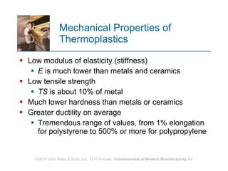 Mechanical Properties of Thermoplastics Low modulus of elasticity (stiffness) E  is much lower than metals and ceramics Low tensile strength TS  is about 10% of metal Much lower hardness than metals or ceramics  Greater ductility on average Tremendous range of values, from 1% elongation for polystyrene to 500% or more for polypropylene  