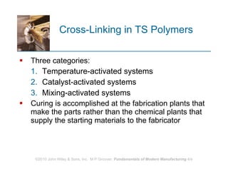 Cross-Linking in TS Polymers Three categories: Temperature‑activated systems  Catalyst‑activated systems  Mixing‑activated systems  Curing is accomplished at the fabrication plants that make the parts rather than the chemical plants that supply the starting materials to the fabricator  