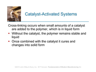 Catalyst‑Activated Systems  Cross‑linking occurs when small amounts of a catalyst are added to the polymer, which is in liquid form Without the catalyst, the polymer remains stable and liquid Once combined with the catalyst it cures and changes into solid form  
