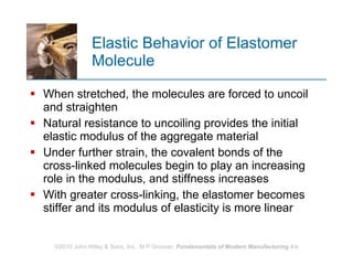 Elastic Behavior of Elastomer Molecule When stretched, the molecules are forced to uncoil and straighten Natural resistance to uncoiling provides the initial elastic modulus of the aggregate material  Under further strain, the covalent bonds of the cross‑linked molecules begin to play an increasing role in the modulus, and stiffness increases  With greater cross‑linking, the elastomer becomes stiffer and its modulus of elasticity is more linear 