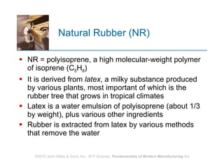 Natural Rubber (NR) NR = polyisoprene, a high molecular‑weight polymer of isoprene (C 5 H 8 )  It is derived from  latex , a milky substance produced by various plants, most important of which is the rubber tree that grows in tropical climates Latex is a water emulsion of polyisoprene (about 1/3 by weight), plus various other ingredients Rubber is extracted from latex by various methods that remove the water  