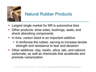 Natural Rubber Products Largest single market for NR is automotive tires Other products: shoe soles, bushings, seals, and shock absorbing components In tires,  carbon black  is an important additive It reinforces the rubber, serving to increase tensile strength and resistance to tear and abrasion  Other additives: clay, kaolin, silica, talc, and calcium carbonate, as well as chemicals that accelerate and promote vulcanization  