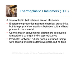 Thermoplastic Elastomers (TPE) A thermoplastic that behaves like an elastomer  Elastomeric properties not from chemical cross‑links, but from physical connections between soft and hard phases in the material  Cannot match conventional elastomers in elevated temperature strength and creep resistance  Products: footwear; rubber bands; extruded tubing, wire coating; molded automotive parts, but no tires  