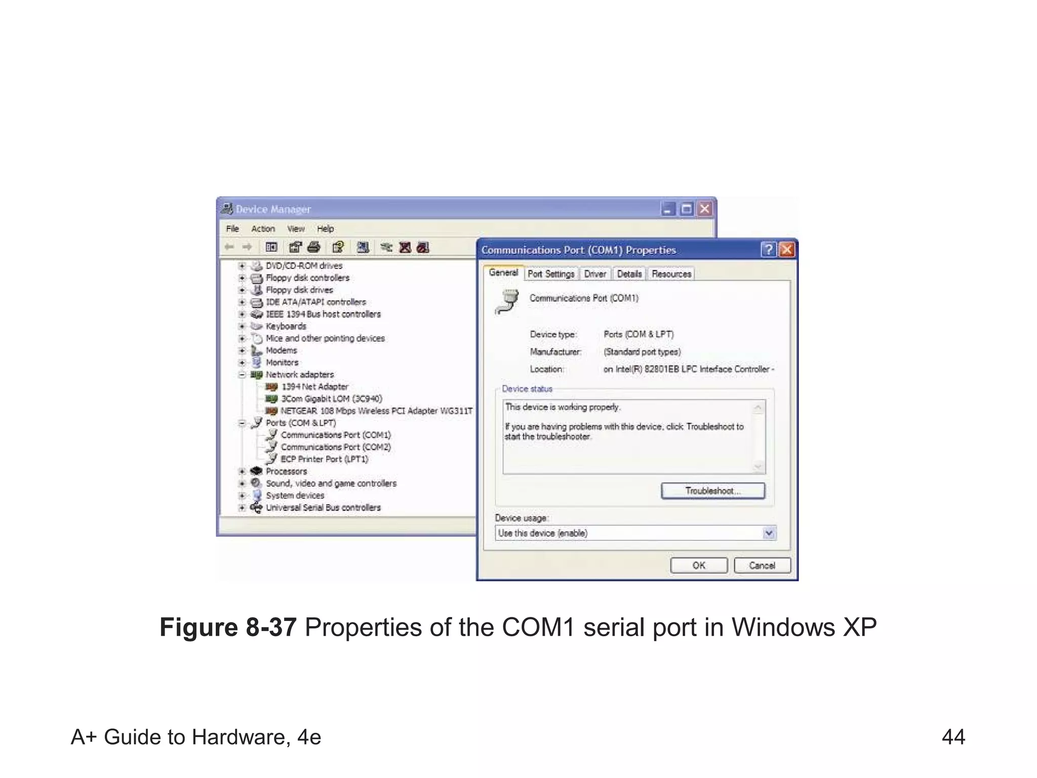 Figure 8-37 Properties of the COM1 serial port in Windows XP



A+ Guide to Hardware, 4e                                               44
 