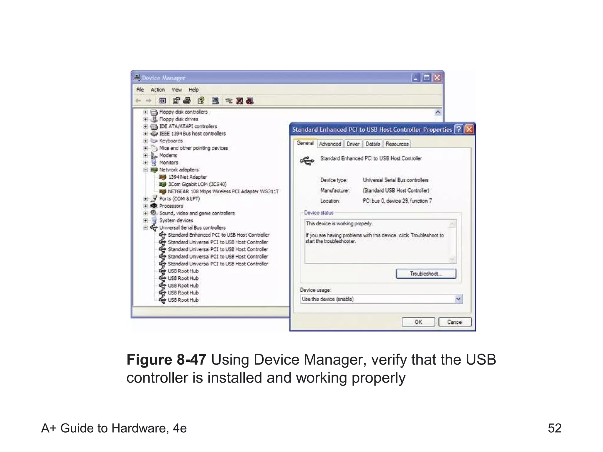 Figure 8-47 Using Device Manager, verify that the USB
              controller is installed and working properly


A+ Guide to Hardware, 4e                                              52
 