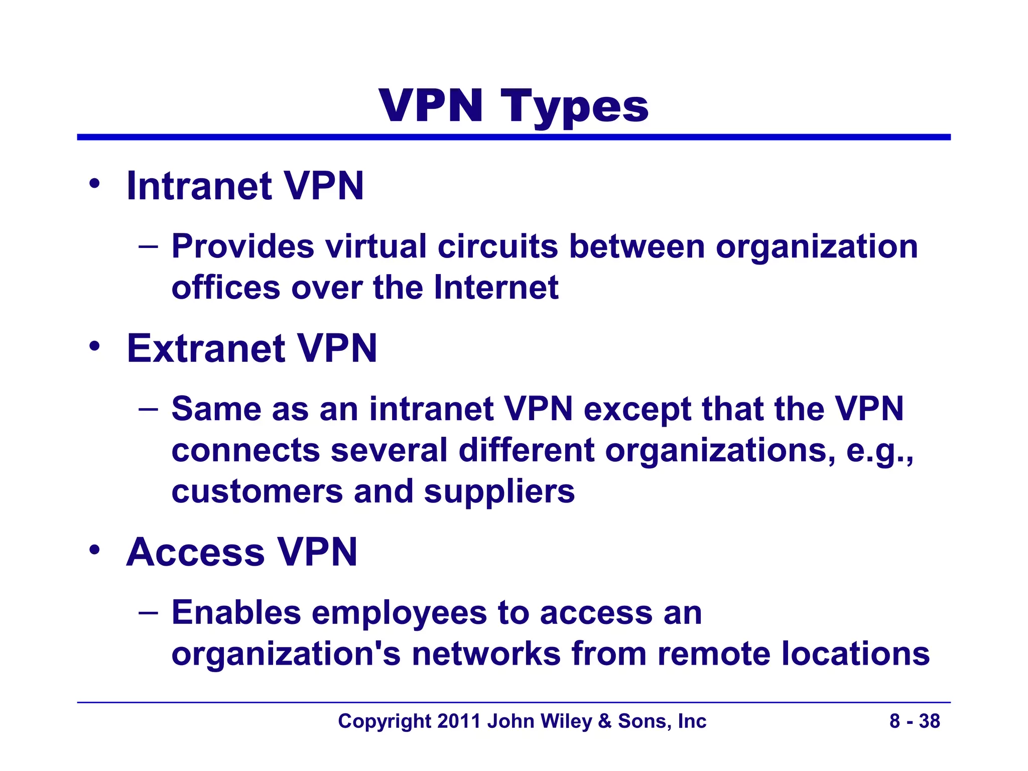 VPN Types
• Intranet VPN
  – Provides virtual circuits between organization
    offices over the Internet
• Extranet VPN
  – Same as an intranet VPN except that the VPN
    connects several different organizations, e.g.,
    customers and suppliers
• Access VPN
  – Enables employees to access an
    organization's networks from remote locations
              Copyright 2011 John Wiley & Sons, Inc   8 - 38
 