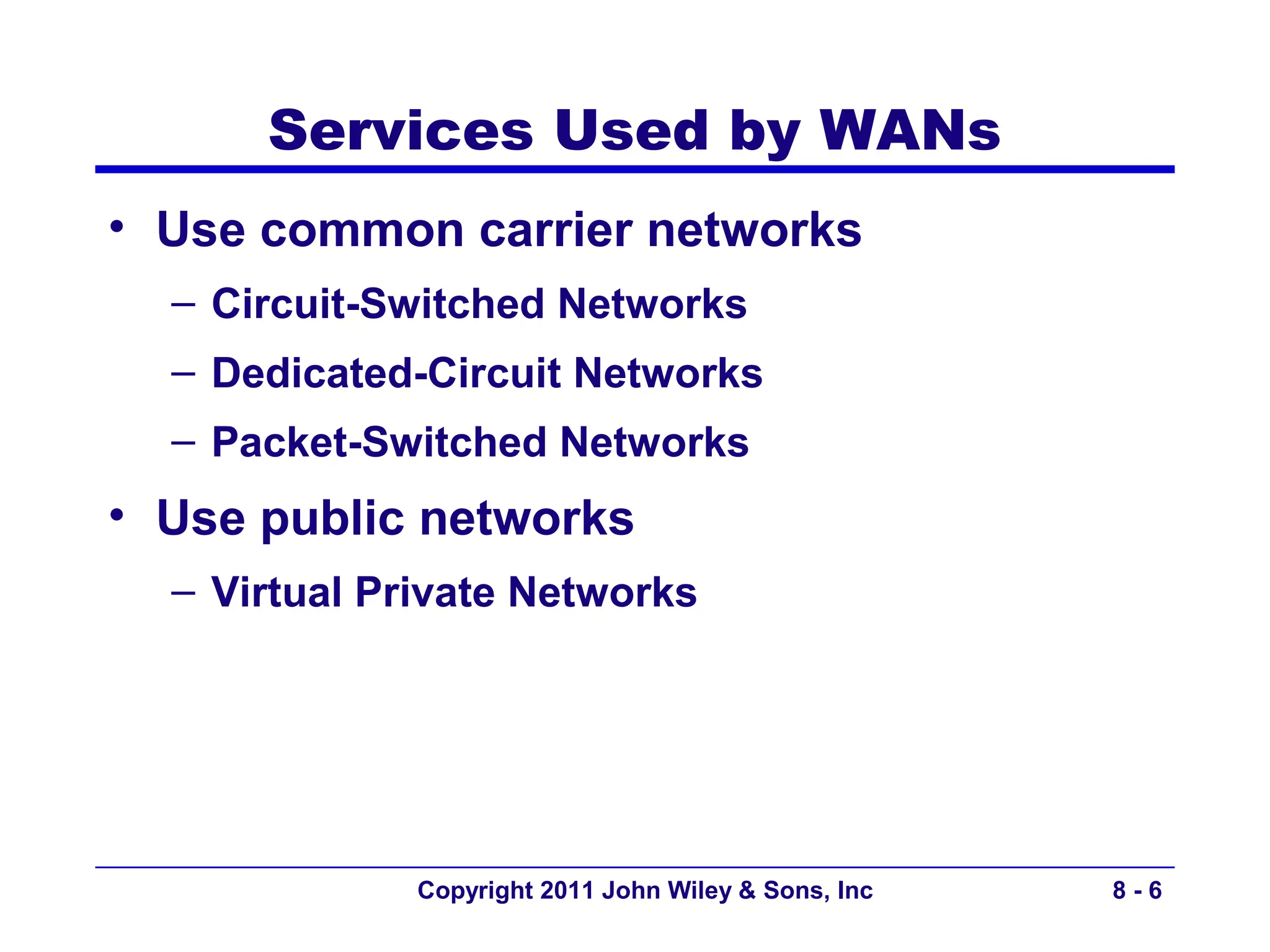 Services Used by WANs
• Use common carrier networks
  – Circuit-Switched Networks
  – Dedicated-Circuit Networks
  – Packet-Switched Networks
• Use public networks
  – Virtual Private Networks




              Copyright 2011 John Wiley & Sons, Inc   8-6
 