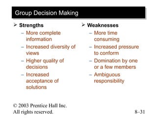 Group Decision Making
Group Decision Making
 Strengths                    Weaknesses
   – More complete              – More time
     information                  consuming
   – Increased diversity of     – Increased pressure
     views                        to conform
   – Higher quality of          – Domination by one
     decisions                    or a few members
   – Increased                  – Ambiguous
     acceptance of                responsibility
     solutions


© 2003 Prentice Hall Inc.
All rights reserved.                              8–31
 