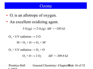 Ozone

• O3 is an allotrope of oxygen.
• An excellent oxidizing agent.
            3 O2(g) → 2 O3(g) ∆H° = +285 kJ

 O2 + UV radiation → 2 O
       M + O2 + O → O3 + M*

 O3 + UV radiation → O2 + O
           O3 + O → 2 O2      ∆H° = -389.8 kJ


 Prentice-Hall     General Chemistry: ChapterSlide 16 of 32
                                              8
 