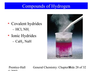 Compounds of Hydrogen


• Covalent hydrides
  – HCl, NH3
• Ionic Hydrides
  – CaH2, NaH




Prentice-Hall   General Chemistry: ChapterSlide 28 of 32
                                           8
 