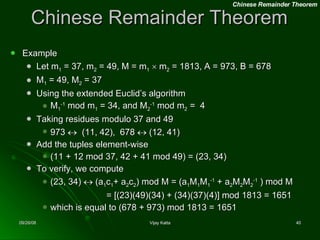 Chinese Remainder Theorem Example Let m 1  = 37, m 2  = 49, M = m 1      m 2  = 1813, A = 973 , B = 678 M 1  = 49, M 2  = 37 Using the extended Euclid’s alg orithm M 1 -1  mod m 1   = 34,  and M 2 -1  mod m 2  =  4 Taking residues modulo 37 and 49 973     (11, 42),  678    (12, 41) Add the tuples element-wise (11 + 12 mod 37, 42 + 41 mod 49) = (23, 34) To verify, we compute (23, 34)    (a 1 c 1 + a 2 c 2 ) mod M = (a 1 M 1 M 1 -1  + a 2 M 2 M 2 -1  ) mod M = [(23)(49)(34) + (34)(37)(4)] mod 1813 = 1651 which is equal to (678 + 973) mod 1813 = 1651 Chinese Remainder Theorem 
