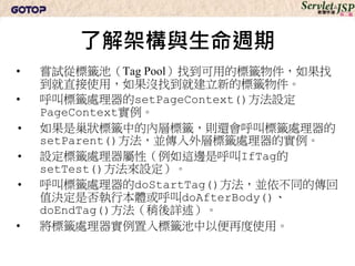 了解架構與生命週期
•   嘗試從標籤池（Tag Pool）找到可用的標籤物件，如果找
    到就直接使用，如果沒找到就建立新的標籤物件。
•   呼叫標籤處理器的setPageContext()方法設定
    PageContext實例。
•   如果是巢狀標籤中的內層標籤，則還會呼叫標籤處理器的
    setParent()方法，並傳入外層標籤處理器的實例。
•   設定標籤處理器屬性（例如這邊是呼叫IfTag的
    setTest()方法來設定）。
•   呼叫標籤處理器的doStartTag()方法，並依不同的傳回
    值決定是否執行本體或呼叫doAfterBody()、
    doEndTag()方法（稍後詳述）。
•   將標籤處理器實例置入標籤池中以便再度使用。
 