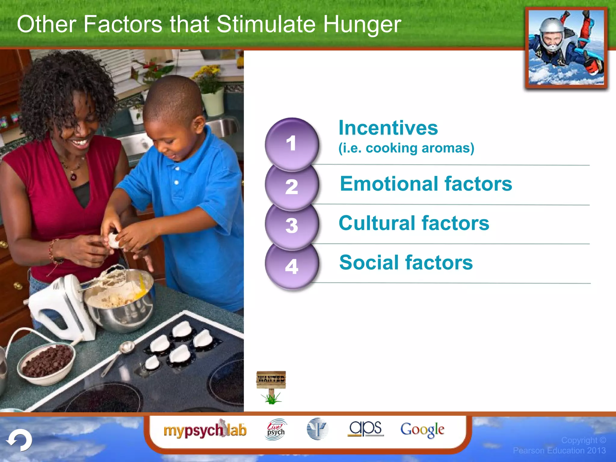 Copyright ©
Pearson Education 2013
Incentives
(i.e. cooking aromas)
Emotional factors
Cultural factors
Social factors
Other Factors that Stimulate Hunger
1
2
3
4
 