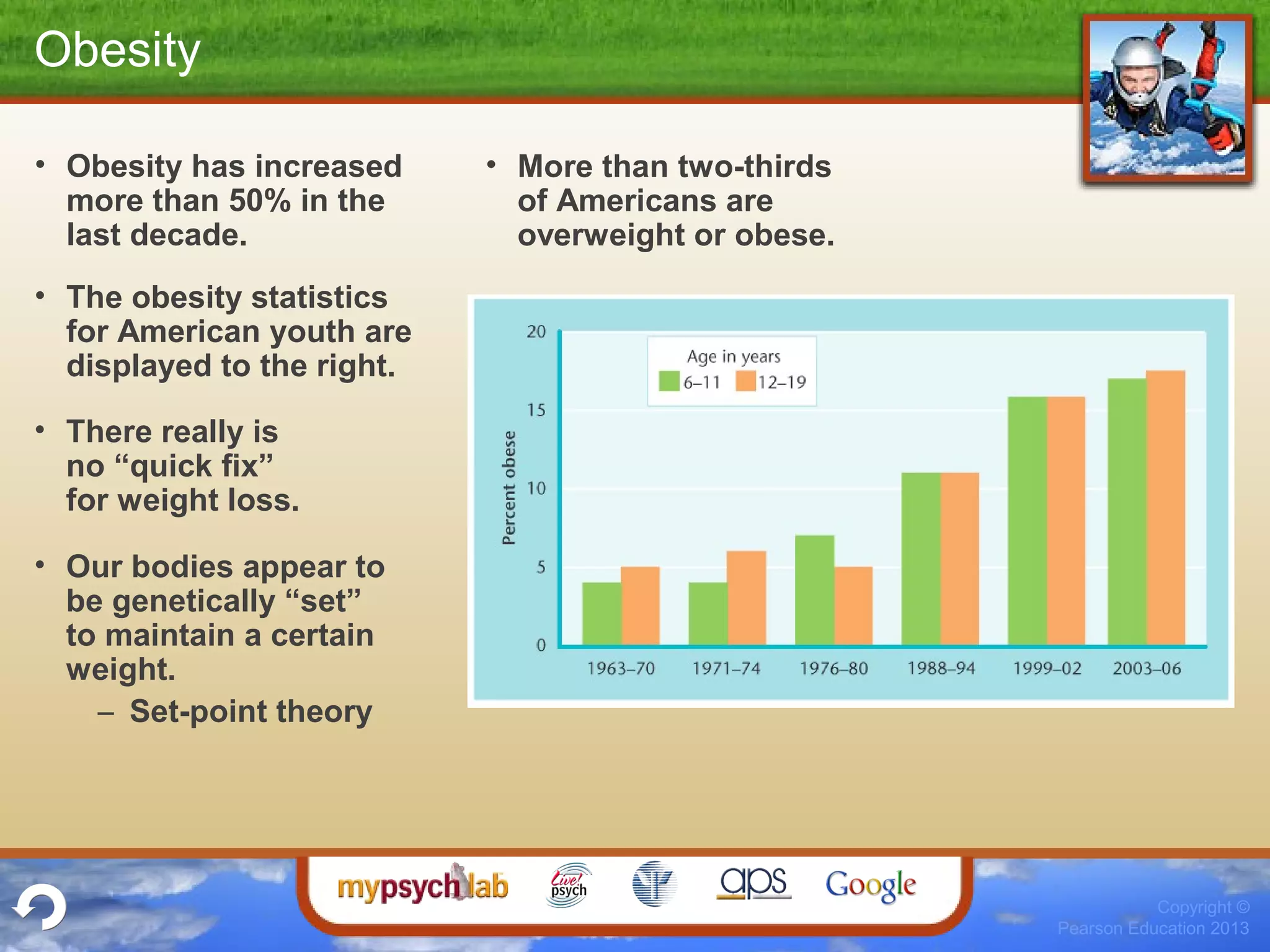 Copyright ©
Pearson Education 2013
Obesity
• Obesity has increased
more than 50% in the
last decade.
• More than two-thirds
of Americans are
overweight or obese.
• The obesity statistics
for American youth are
displayed to the right.
• There really is
no “quick fix”
for weight loss.
• Our bodies appear to
be genetically “set”
to maintain a certain
weight.
– Set-point theory
 