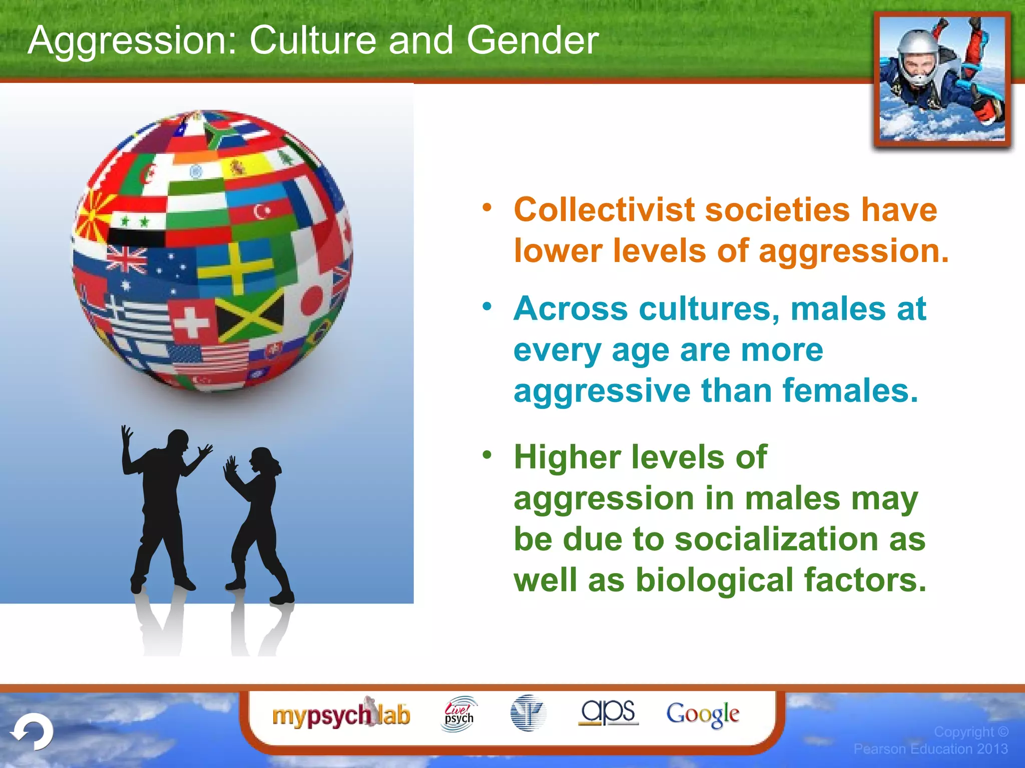 Copyright ©
Pearson Education 2013
Aggression: Culture and Gender
• Collectivist societies have
lower levels of aggression.
• Across cultures, males at
every age are more
aggressive than females.
• Higher levels of
aggression in males may
be due to socialization as
well as biological factors.
 