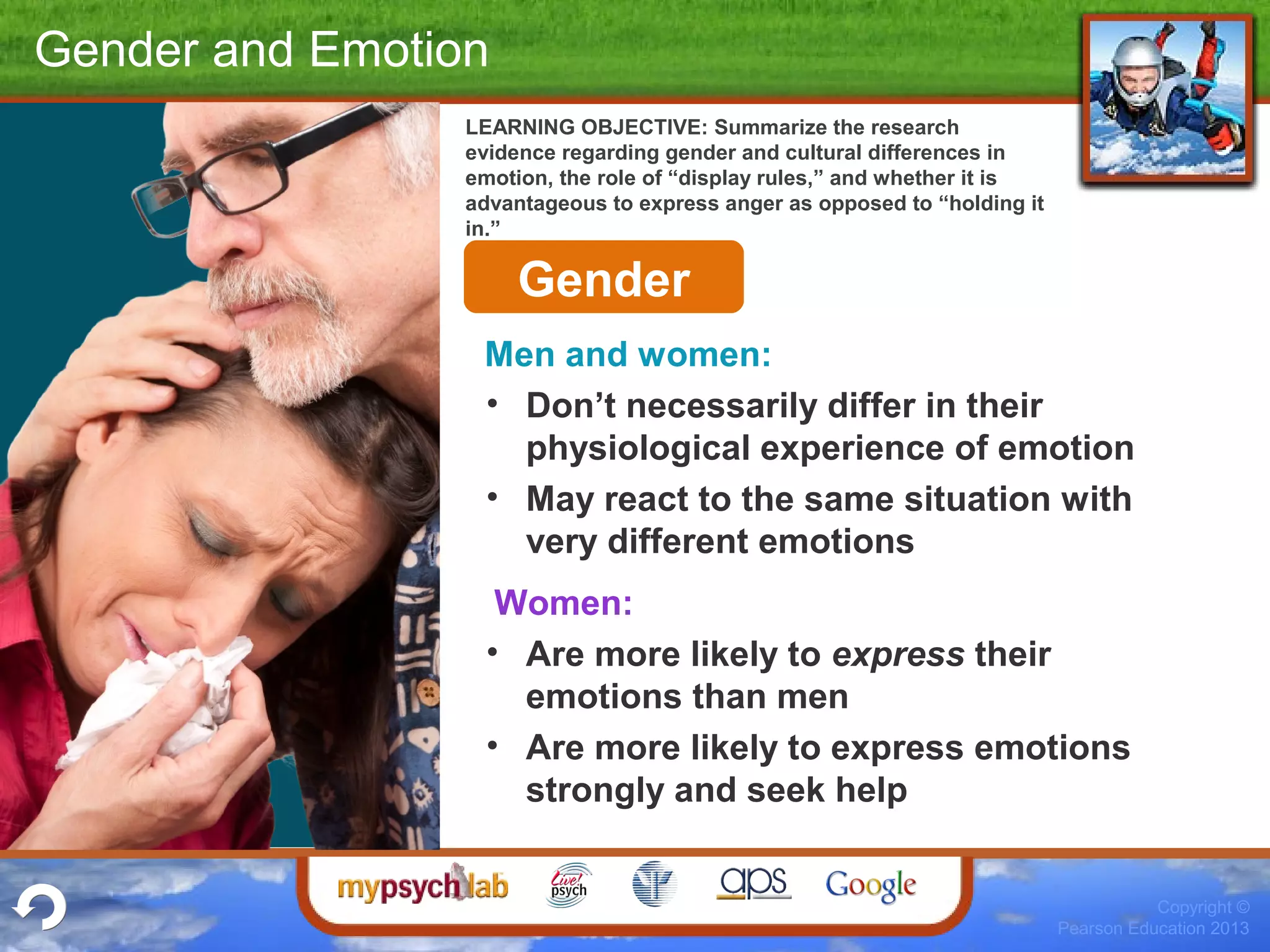 Copyright ©
Pearson Education 2013
Gender and Emotion
Men and women:
• Don’t necessarily differ in their
physiological experience of emotion
• May react to the same situation with
very different emotions
Women:
• Are more likely to express their
emotions than men
• Are more likely to express emotions
strongly and seek help
LEARNING OBJECTIVE: Summarize the research
evidence regarding gender and cultural differences in
emotion, the role of “display rules,” and whether it is
advantageous to express anger as opposed to “holding it
in.”
Gender
 
