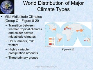 © 2011 Pearson Education, Inc.
World Distribution of Major
Climate Types
• Mild Midlatitude Climates
(Group C—Figure 8-20
– Transition between
warmer tropical climates
and colder severe
midlatitude climates
– Hot summers, mild
winters
– Highly variable
precipitation amounts
– Three primary groups
16
Figure 8-20
 