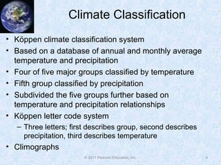 © 2011 Pearson Education, Inc.
Climate Classification
• Köppen climate classification system
• Based on a database of annual and monthly average
temperature and precipitation
• Four of five major groups classified by temperature
• Fifth group classified by precipitation
• Subdivided the five groups further based on
temperature and precipitation relationships
• Köppen letter code system
– Three letters; first describes group, second describes
precipitation, third describes temperature
• Climographs
4
 