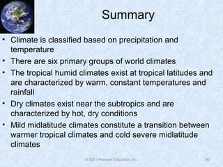 © 2011 Pearson Education, Inc.
Summary
• Climate is classified based on precipitation and
temperature
• There are six primary groups of world climates
• The tropical humid climates exist at tropical latitudes and
are characterized by warm, constant temperatures and
rainfall
• Dry climates exist near the subtropics and are
characterized by hot, dry conditions
• Mild midlatitude climates constitute a transition between
warmer tropical climates and cold severe midlatitude
climates
40
 
