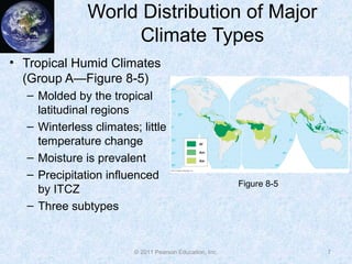 © 2011 Pearson Education, Inc.
World Distribution of Major
Climate Types
• Tropical Humid Climates
(Group A—Figure 8-5)
– Molded by the tropical
latitudinal regions
– Winterless climates; little
temperature change
– Moisture is prevalent
– Precipitation influenced
by ITCZ
– Three subtypes
7
Figure 8-5
 