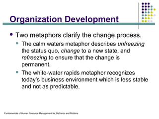 Fundamentals of Human Resource Management 9e, DeCenzo and Robbins
Organization Development
 Two metaphors clarify the change process.
 The calm waters metaphor describes unfreezing
the status quo, change to a new state, and
refreezing to ensure that the change is
permanent.
 The white-water rapids metaphor recognizes
today’s business environment which is less stable
and not as predictable.
 