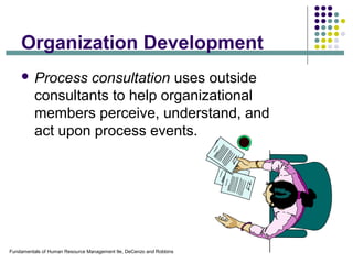 Fundamentals of Human Resource Management 9e, DeCenzo and Robbins
Organization Development
 Process consultation uses outside
consultants to help organizational
members perceive, understand, and
act upon process events.
 