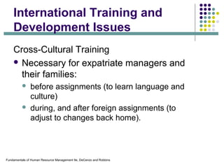 Fundamentals of Human Resource Management 9e, DeCenzo and Robbins
International Training and
Development Issues
Cross-Cultural Training
 Necessary for expatriate managers and
their families:
 before assignments (to learn language and
culture)
 during, and after foreign assignments (to
adjust to changes back home).
 