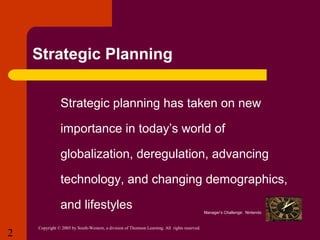 Strategic Planning
 Strategic

planning has taken on new

importance in today’s world of
globalization, deregulation, advancing
technology, and changing demographics,
and lifestyles
2

Copyright © 2005 by South-Western, a division of Thomson Learning. All rights reserved.

Manager’s Challenge: Nintendo

 