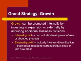 Grand Strategy: Growth
 Growth

can be promoted internally by
investing in expansion or externally by
acquiring additional business divisions
-

8

Internal growth = can include development of new
or changed products
External growth = typically involves diversification
– businesses related to current product lines or
into new areas

Copyright © 2005 by South-Western, a division of Thomson Learning. All rights reserved.

 