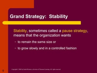 Grand Strategy: Stability
 Stability,

sometimes called a pause strategy,
means that the organization wants
–
–

9

to remain the same size or
to grow slowly and in a controlled fashion

Copyright © 2005 by South-Western, a division of Thomson Learning. All rights reserved.

 